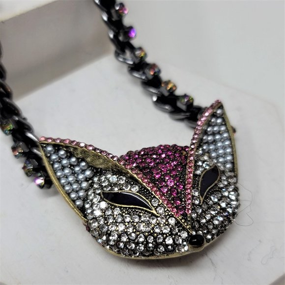 Betsey Johnson Rhinestone Fox Necklace  Pink Silver bronze - Picture 4 of 8